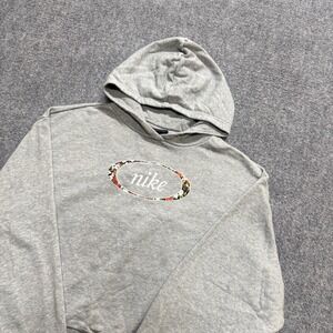 Nike Hoodie Women's XL Floral Cropped Pullover Activewear Embroidered Gray